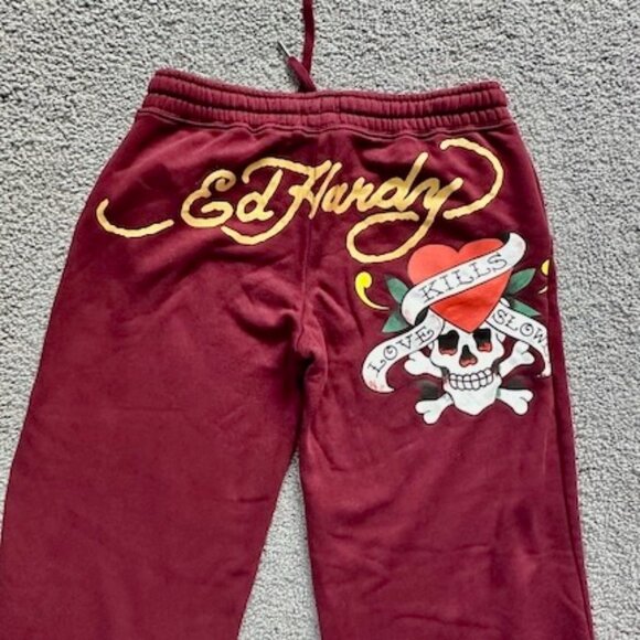 Ed Hardy Sangria Wine Skull Love Kills Slowly Gold Logo Wide Leg Sweatpants Sz.M - Picture 5 of 7